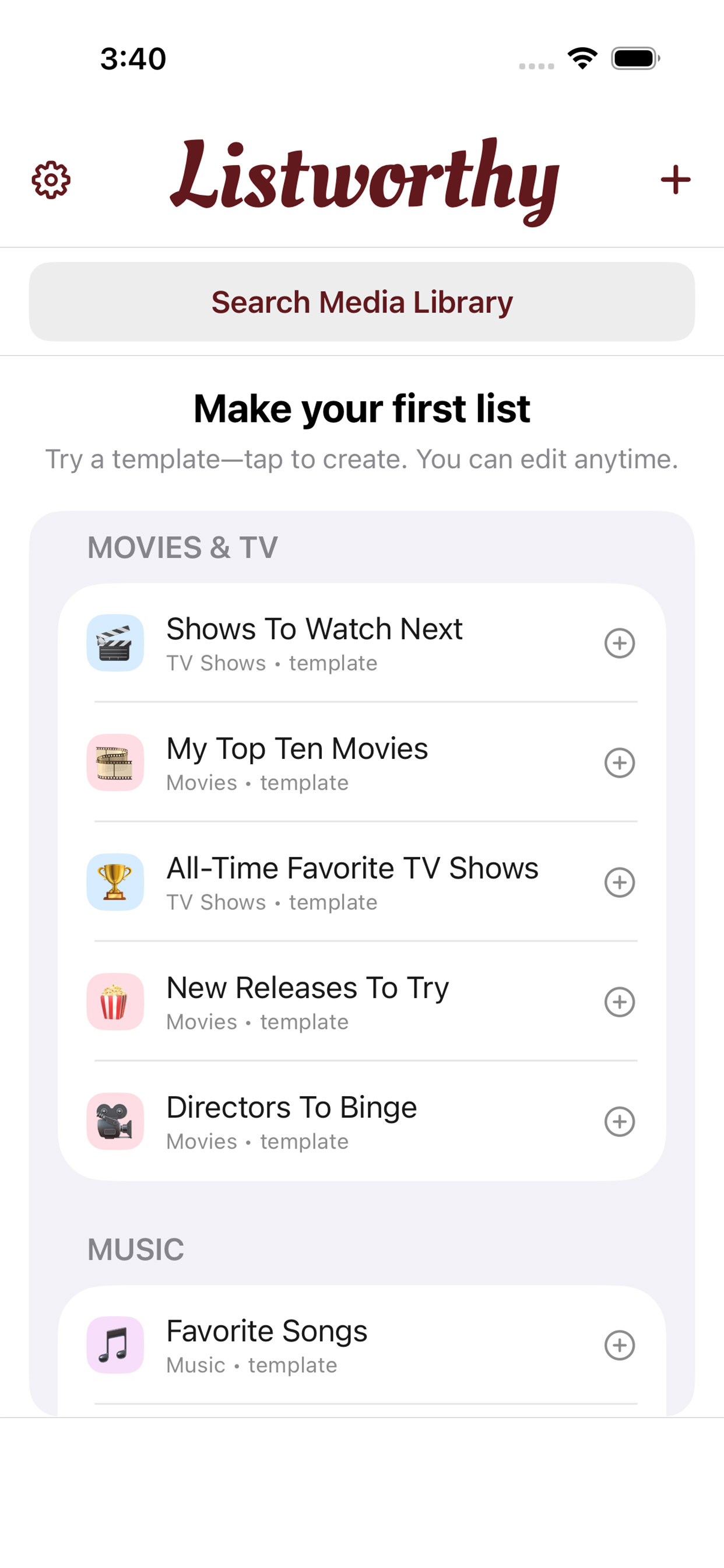 Listworthy home screen with ready-made list templates
