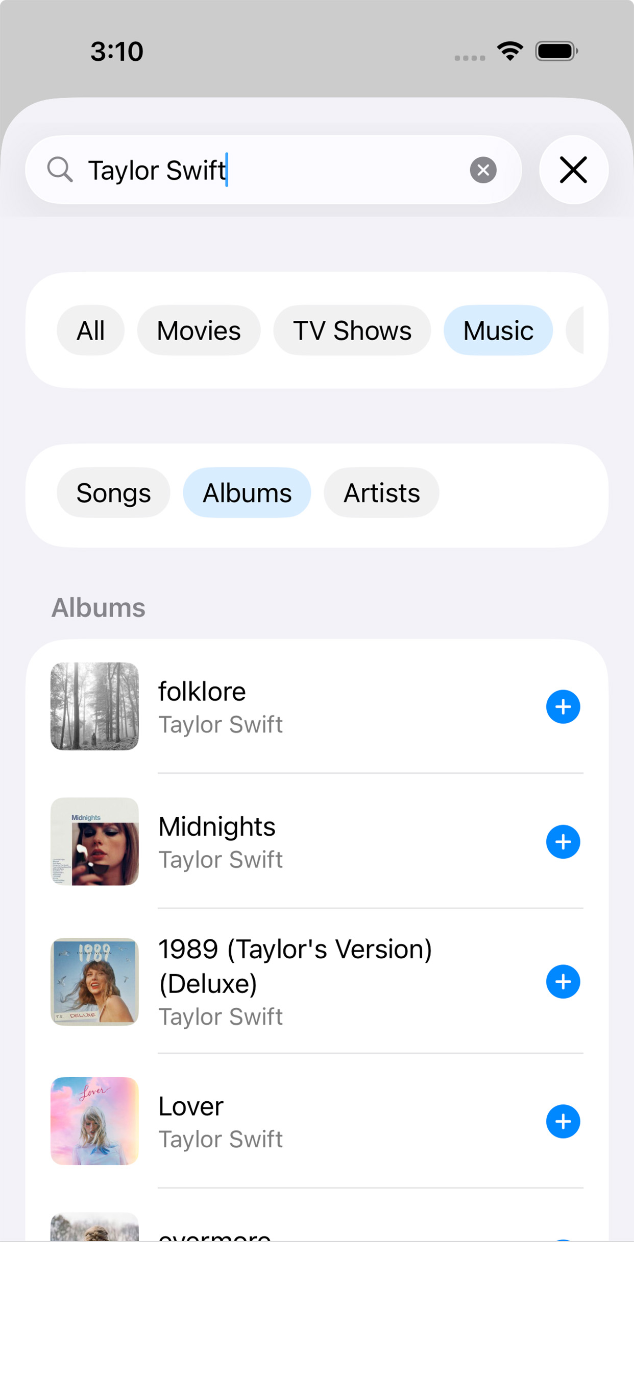 Listworthy media library search showing album results
